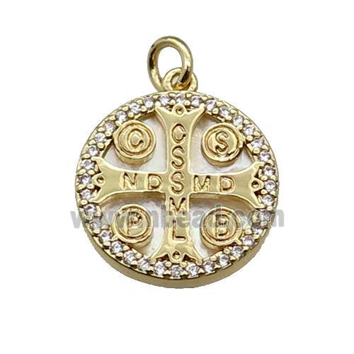 copper circle cross pendant pave zircon shell Saint Benedict gold plated