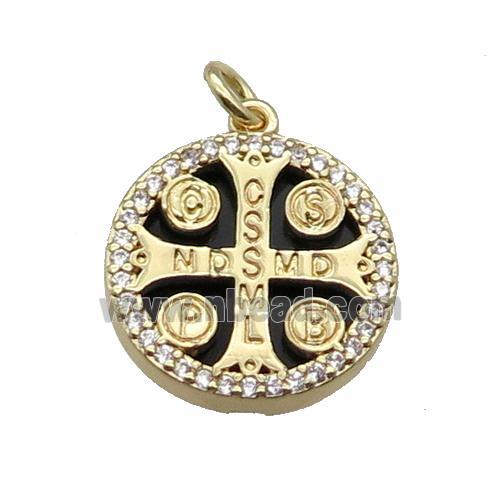 copper circle cross pendant pave zircon black stone Saint Benedict gold plated