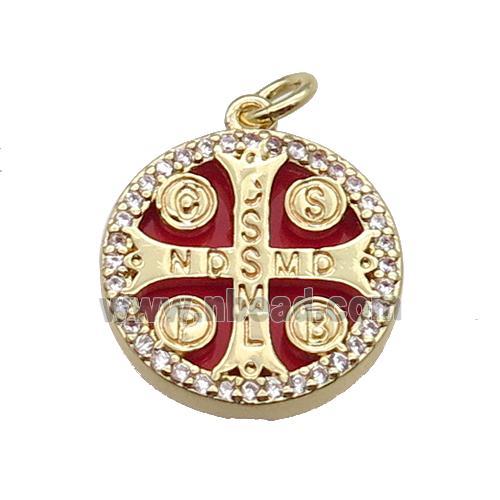 copper circle cross pendant pave zircon red stone Saint Benedict gold plated