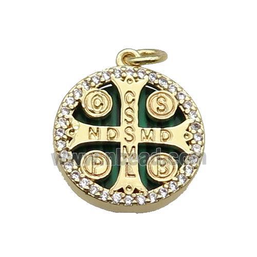 copper circle cross pendant pave zircon malachite Saint Benedict gold plated