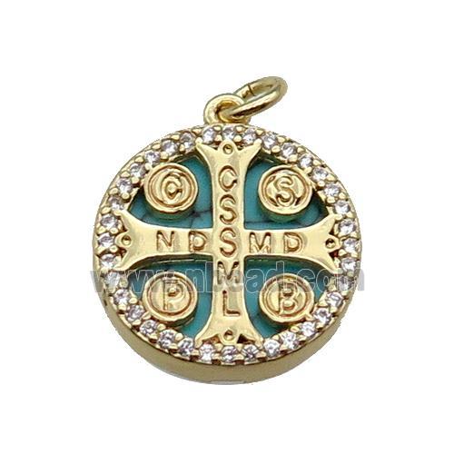 copper circle cross pendant pave zircon turquoise Saint Benedict gold plated