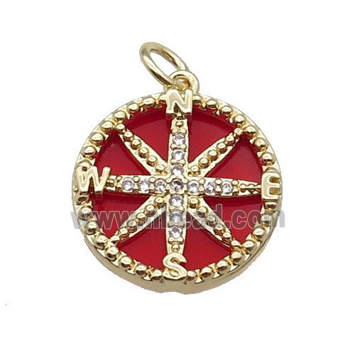 copper Compass pendant pave zircon red stone gold plated