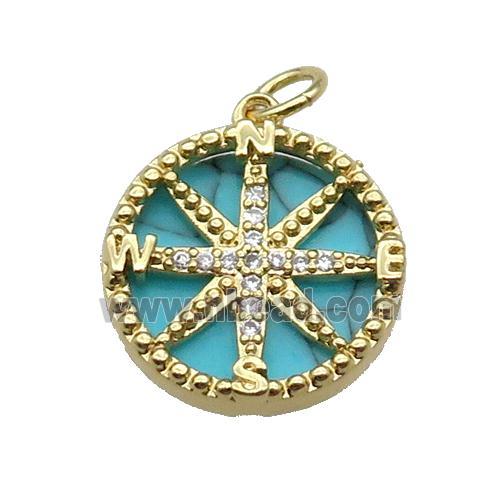 copper Compass pendant pave zircon turquoise gold plated