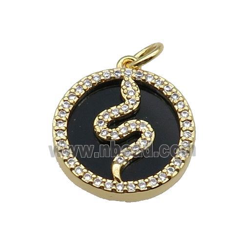 copper circle snake pendant pave zircon black stone gold plated