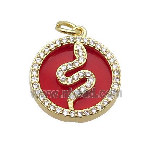 copper circle snake pendant pave zircon red stone gold plated
