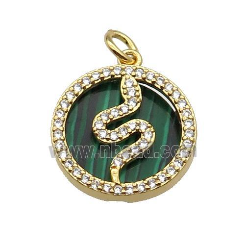 copper circle snake pendant pave zircon malachite gold plated