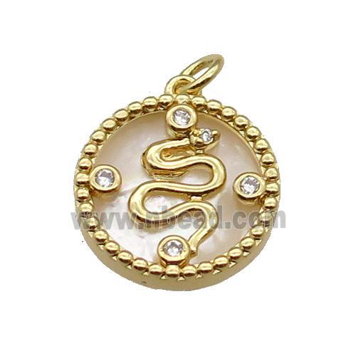 copper circle snake pendant pave zircon shell gold plated