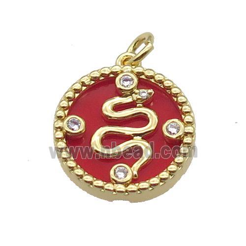 copper circle snake pendant pave zircon red stone gold plated