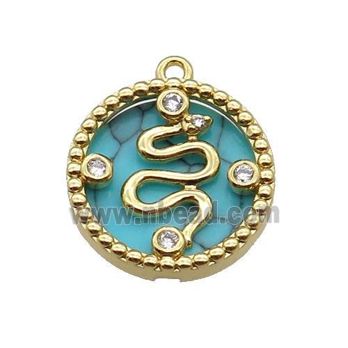 copper circle snake pendant pave zircon turquoise gold plated