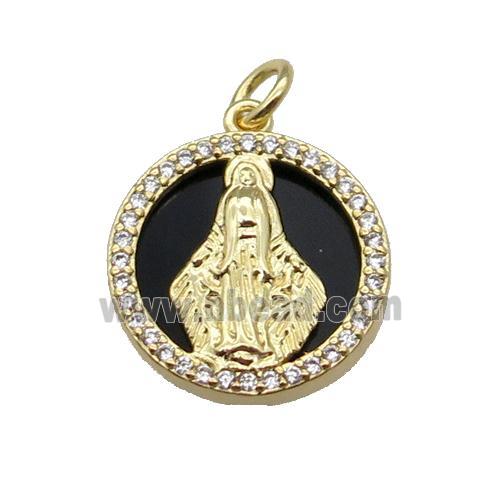 copper circle pendant pave zircon black stone Virgin Mary gold plated
