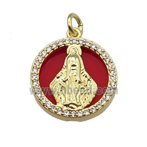 copper circle pendant pave zircon red stone Virgin Mary gold plated