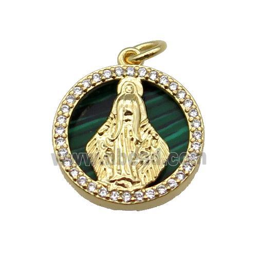 copper circle pendant pave zircon malachite Virgin Mary gold plated