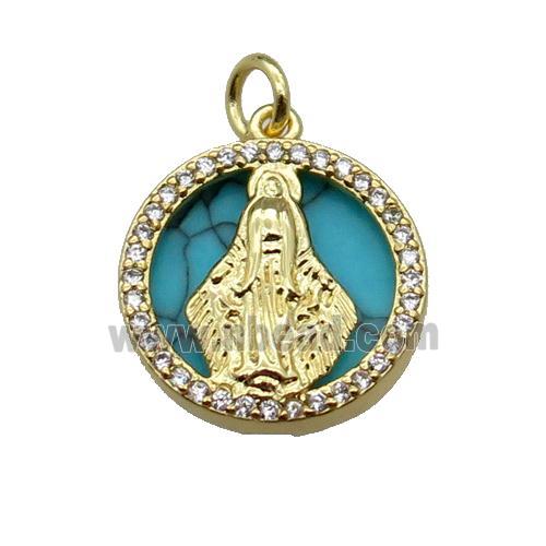 copper circle pendant pave zircon turquoise Virgin Mary gold plated