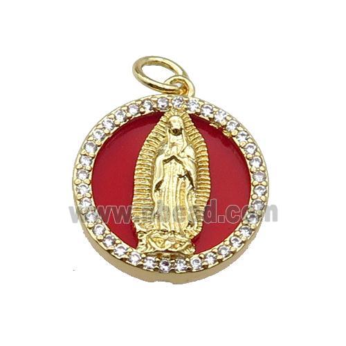 copper circle pendant pave zircon red stone Jesus gold plated