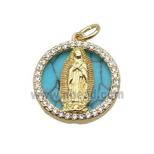 copper circle pendant pave zircon turquoise Jesus gold plated