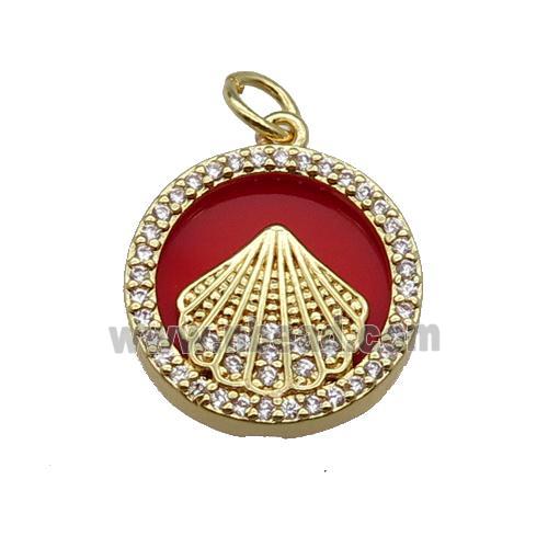 copper circle pendant pave zircon red stone Fan gold plated