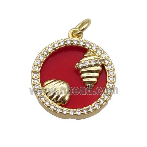 copper circle pendant pave zircon red stone Ocean gold plated
