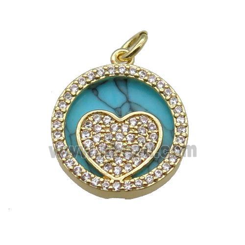 copper circle pendant pave zircon turquoise Heart gold plated