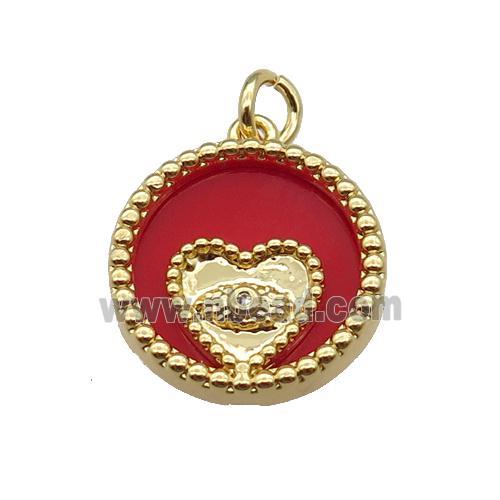 copper circle pendant pave zircon red stone Heart gold plated