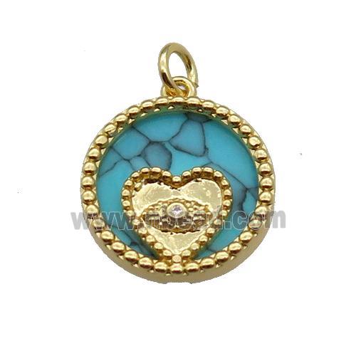 copper circle pendant pave zircon turquoise Heart gold plated