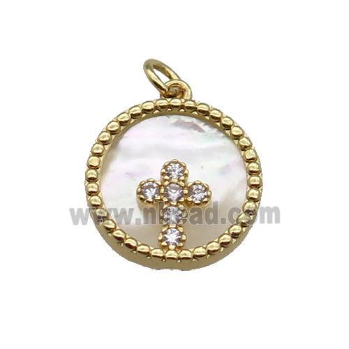 copper circle pendant pave zircon shell Cross gold plated