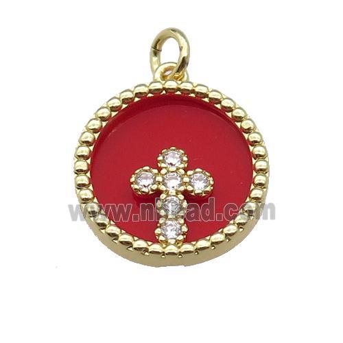 copper circle pendant pave zircon red stone Cross gold plated