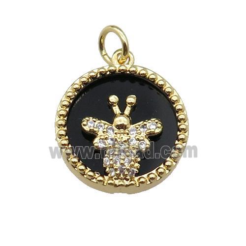 copper circle pendant pave zircon black stone Honeybee gold plated