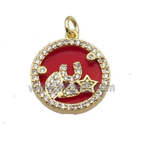 copper circle pendant pave zircon red stone star gold plated