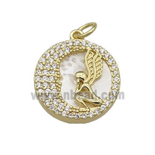 copper circle pendant pave zircon shell Angel gold plated