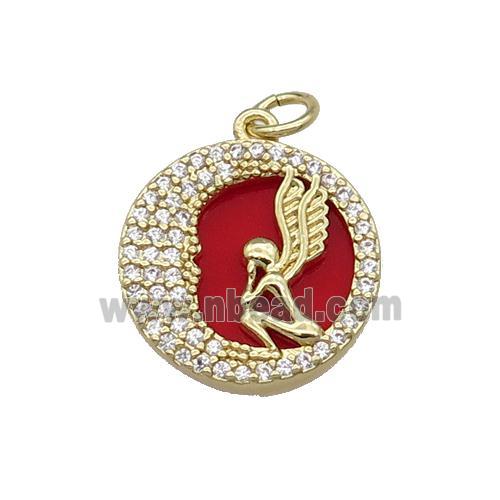 copper circle pendant pave zircon red stone Angel gold plated
