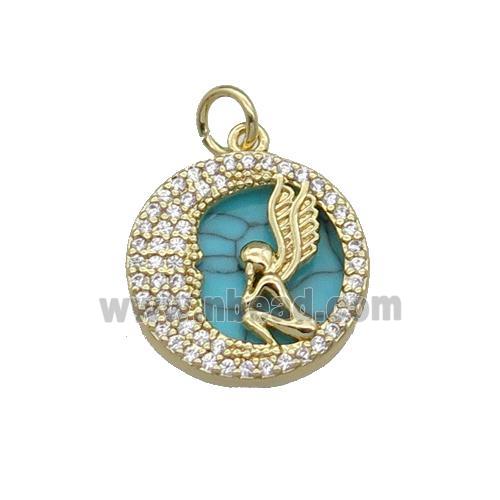 copper circle pendant pave zircon turquoise Angel gold plated