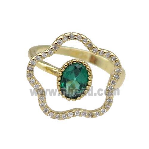 copper Ring pave zircon green Flower gold plated