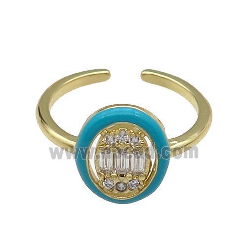 copper Ring pave zircon teal enamel oval gold plated