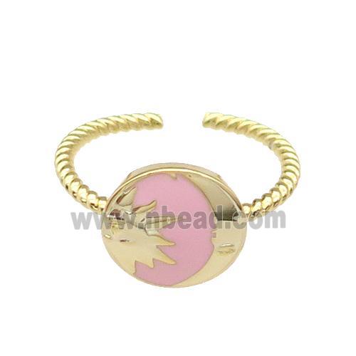 copper Moon Ring with pink enamel sun gold plated
