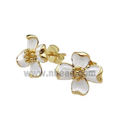copper Flower Stud Earring with white enamel gold plated