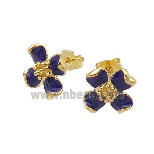 copper Flower Stud Earring with royalblue enamel gold plated