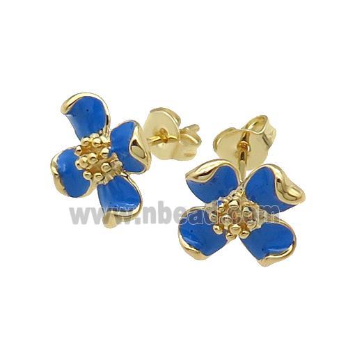 copper Flower Stud Earring with blue enamel gold plated