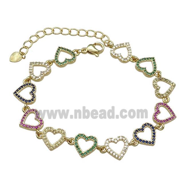 Copper Heart Bracelet Pave Multicolor Zircon Gold Plated