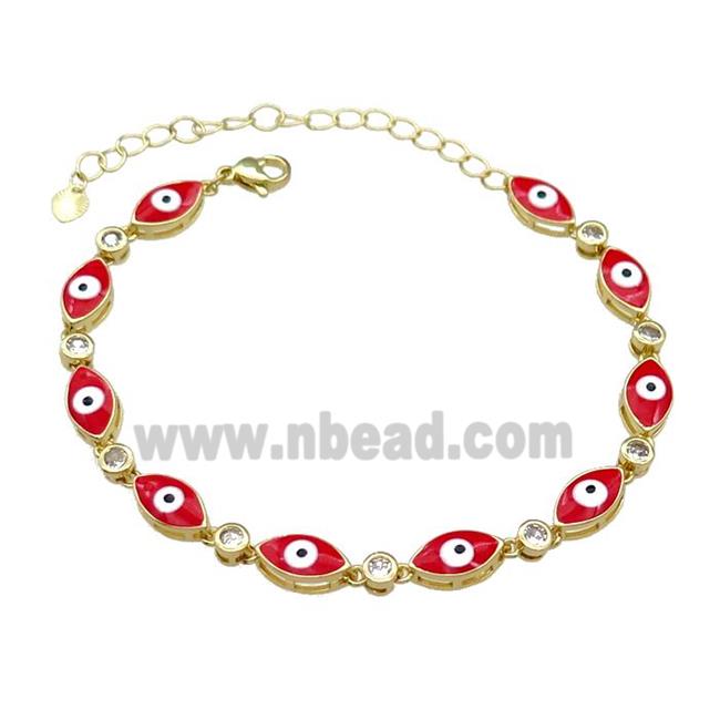 Copper Red Enamel Evil Eye Bracelet Pave Zircon Gold Plated