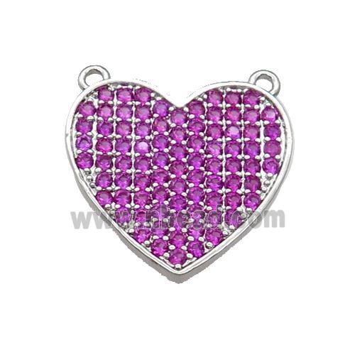 Copper Heart Pendant Pave Hotpink Zircon With 2loops Platinum Plated