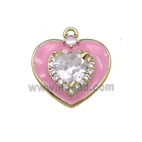 Copper Heart Pendant Pave Zircon Pink Enamel Gold Plated