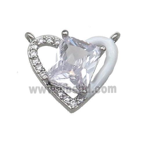 Copper Heart Pendant Pave Zircon With 2loops White Enamel Platinum Plated