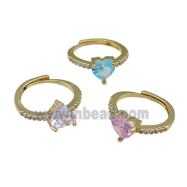 Copper Heart Ring Pave Zircon Adjustable Gold Plated Mix