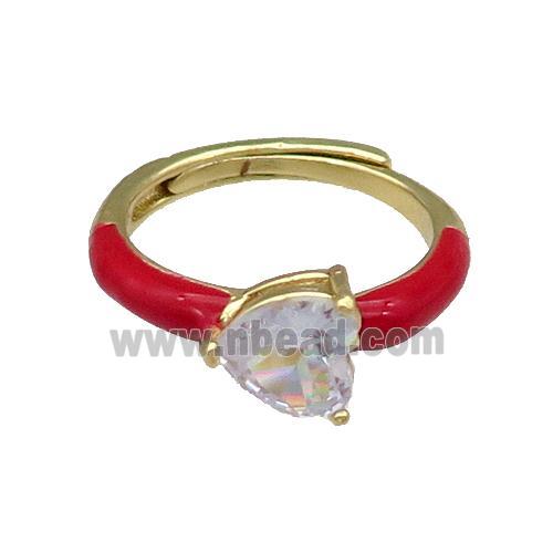 Copper Ring Heart Red Enamel Adjustable Gold Plated