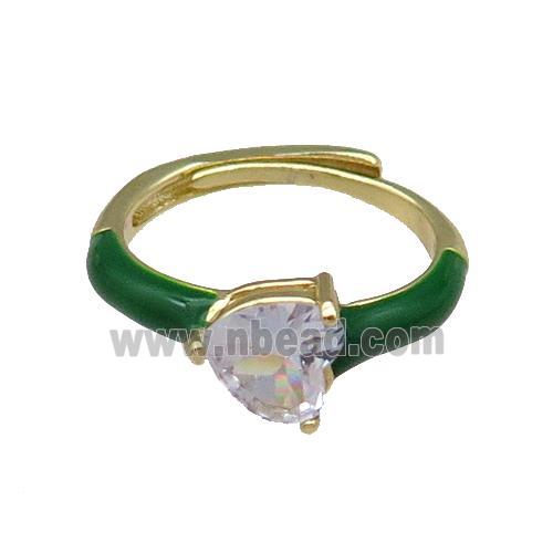Copper Ring Heart Green Enamel Adjustable Gold Plated
