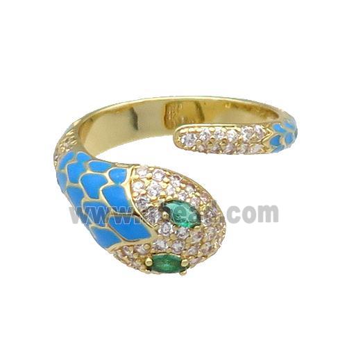 Copper Snake Ring Pave Zircon Blue Enamel Gold Plated