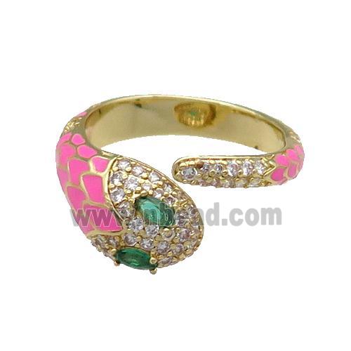 Copper Snake Ring Pave Zircon Pink Enamel Gold Plated