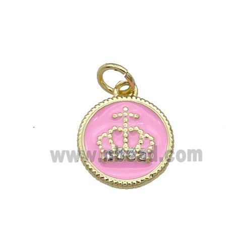 Copper Circle Crown Pendant Pink Enamel Gold Plated