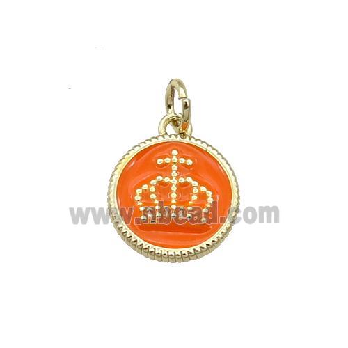 Copper Circle Crown Pendant Orange Enamel Gold Plated
