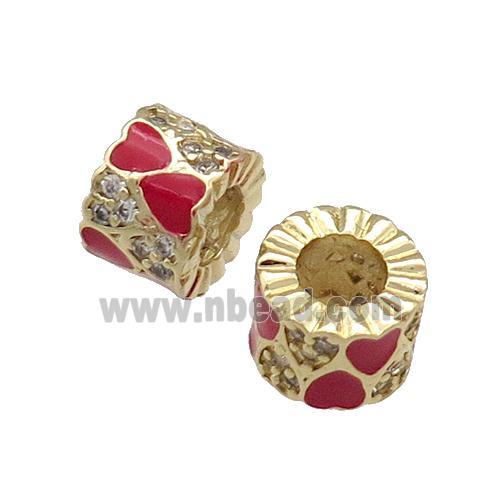 Copper Tube Beads Pave Zircon Red Enamel Large Hole Gold Plated